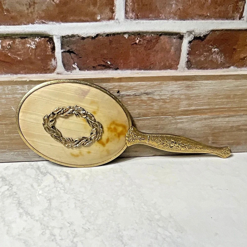 Gold-Tone Ornate Floral Handheld Vanity Oval Mirror, Approx. 12 in - Antique